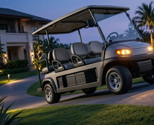Commercial utility cart powered by a 48v golf cart battery climbing a steep paved resort pathway