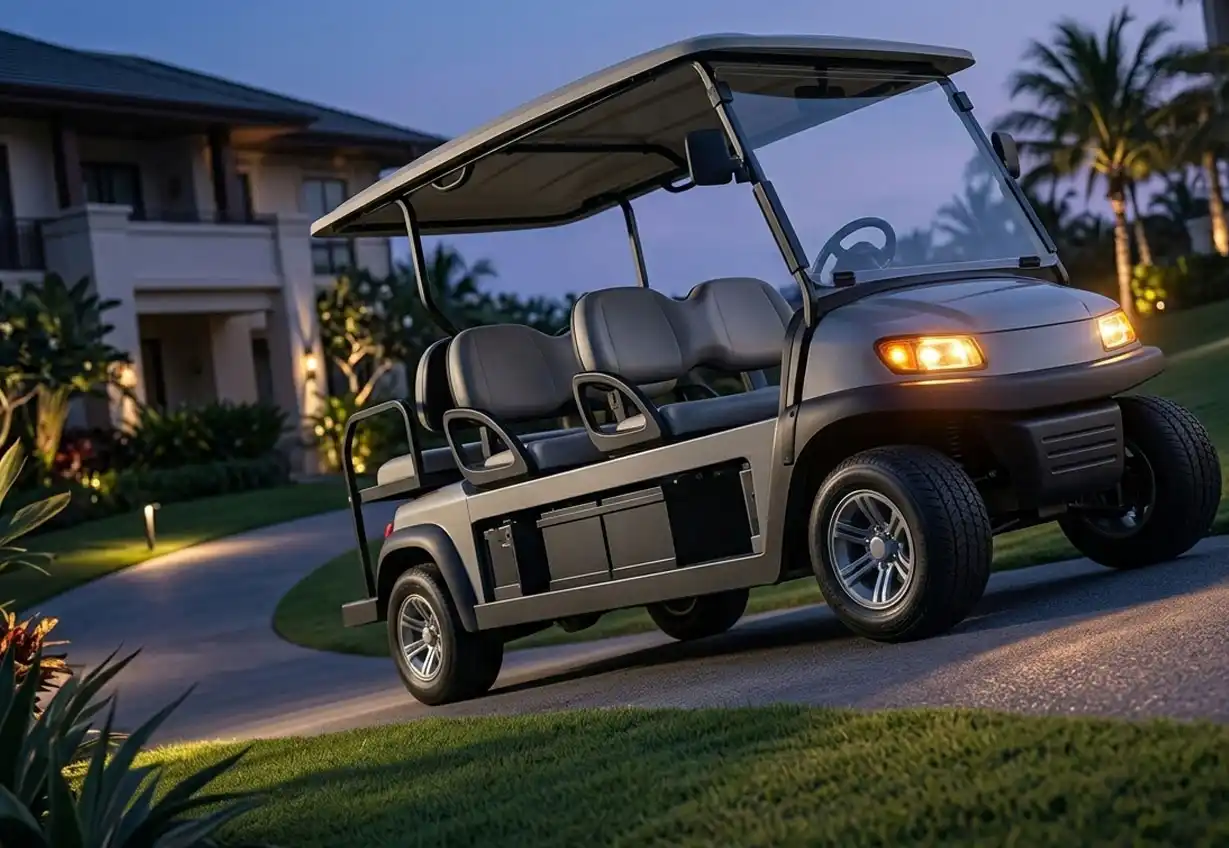 Commercial utility cart powered by a 48v golf cart battery climbing a steep paved resort pathway