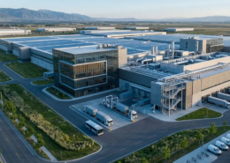 A modern high-tech lithium battery factory building operated by top USA lithium battery manufacturers.