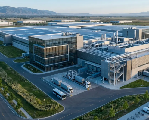A modern high-tech lithium battery factory building operated by top USA lithium battery manufacturers.