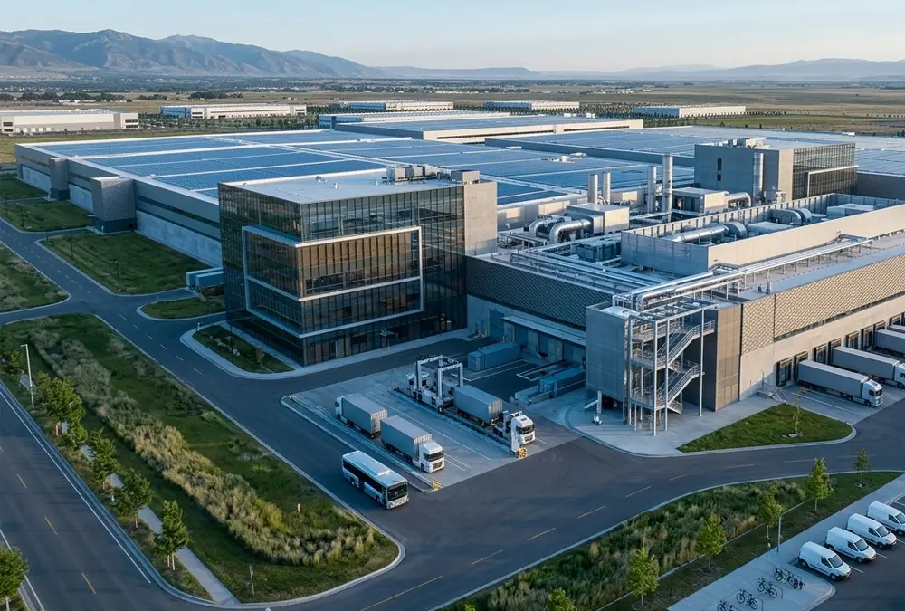 A modern high-tech lithium battery factory building operated by top USA lithium battery manufacturers.