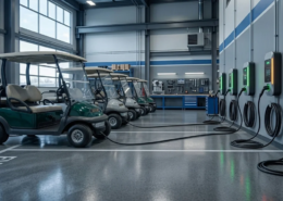 Multiple electric utility carts connected to charging stations inside a clean commercial maintenance garage, illustrating golf cart battery charging.