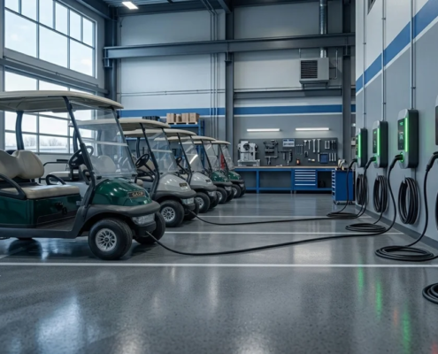 Multiple electric utility carts connected to charging stations inside a clean commercial maintenance garage, illustrating golf cart battery charging.