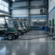 Multiple electric utility carts connected to charging stations inside a clean commercial maintenance garage, illustrating golf cart battery charging.