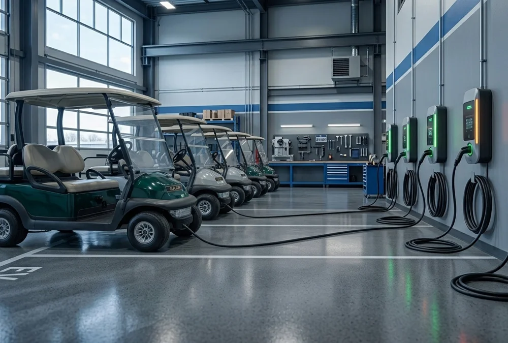 Multiple electric utility carts connected to charging stations inside a clean commercial maintenance garage, illustrating golf cart battery charging.