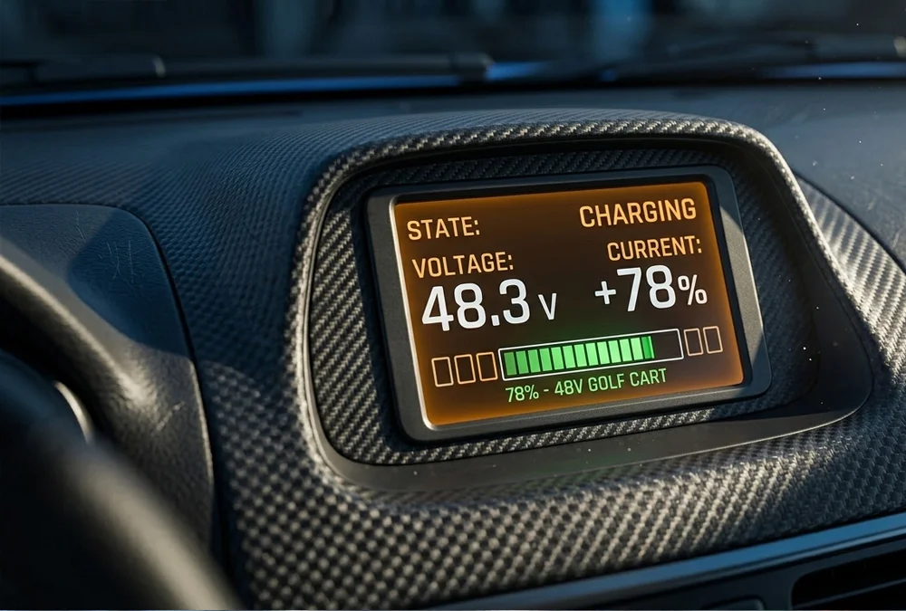 A mounted dashboard digital battery monitor displaying 48v golf cart battery state of charge during a charging cycle.