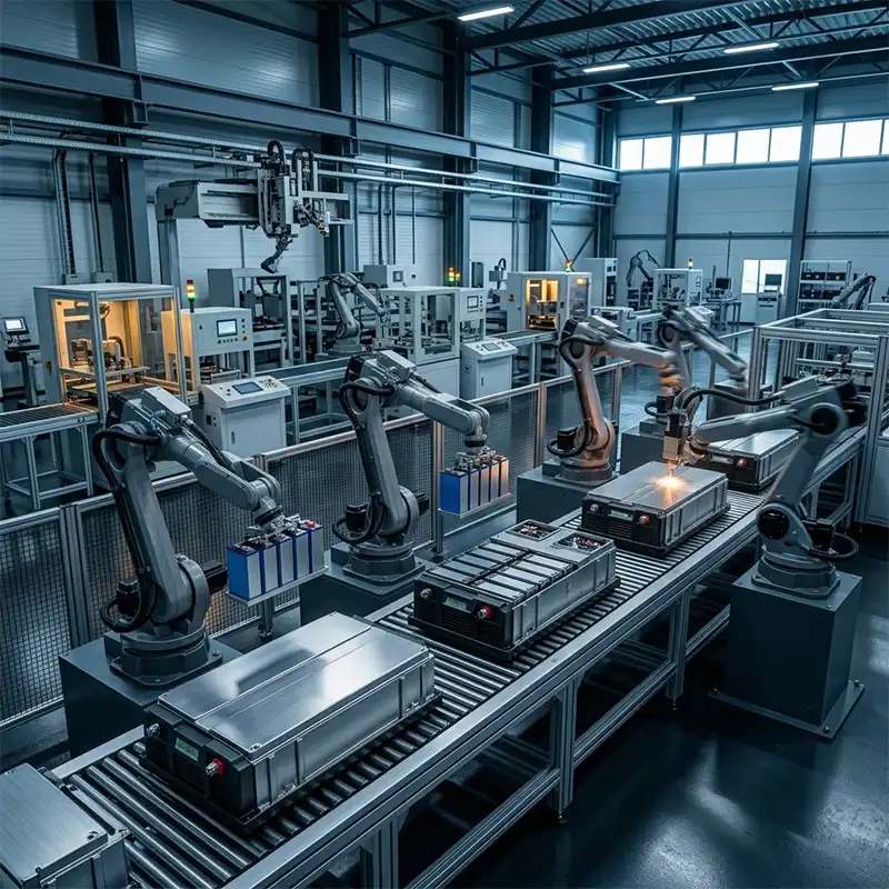 Automated production line of LiFePO4 battery manufacturers in Europe showing high-precision energy storage module assembly
