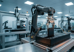 Automated LFP battery cell manufacturing line in a modern factory showing precision assembly.