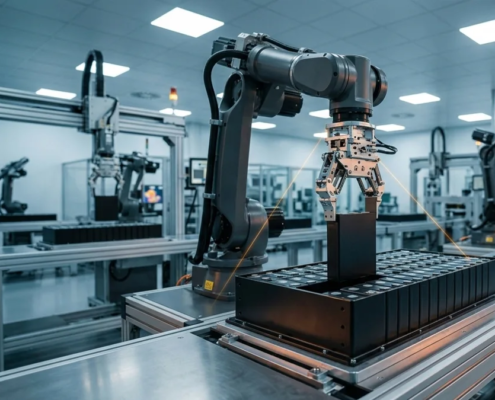 Automated LFP battery cell manufacturing line in a modern factory showing precision assembly.