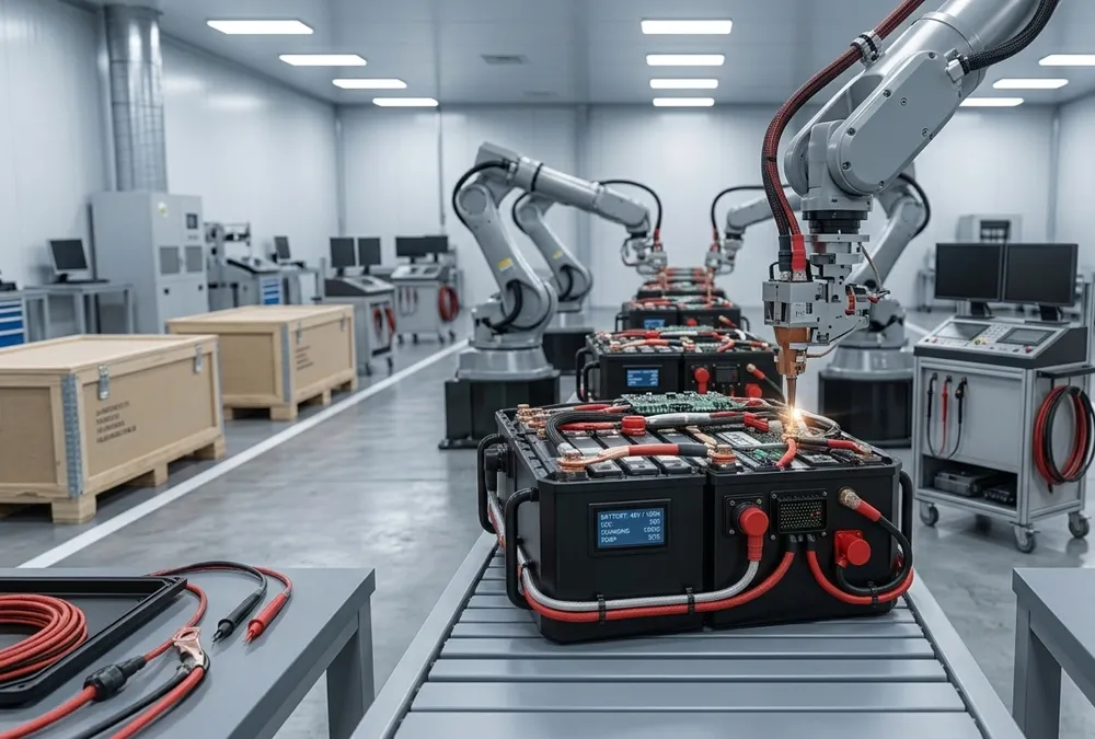 Custom LiFePO4 battery manufacturer automated assembly line in a cleanroom facility