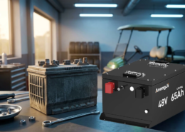 Comparison of modern lithium-ion and traditional lead-acid batteries for golf cart replacement in a garage setting.