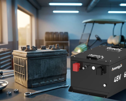 Comparison of modern lithium-ion and traditional lead-acid batteries for golf cart replacement in a garage setting.