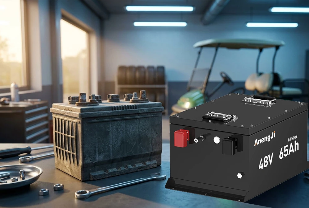 Comparison of modern lithium-ion and traditional lead-acid batteries for golf cart replacement in a garage setting.