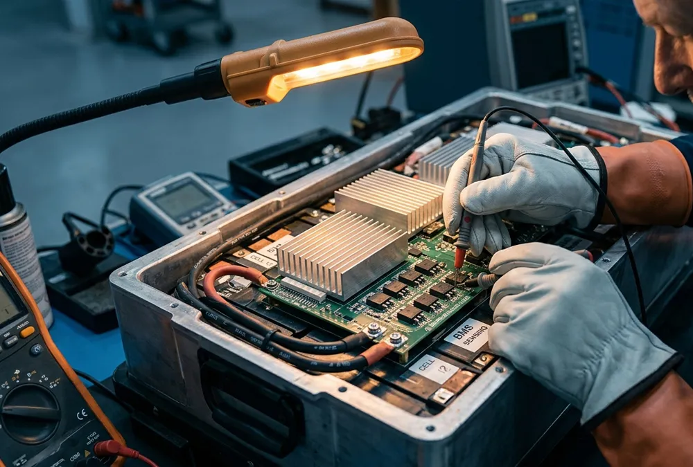 Technician performing a lithium battery diagnostic test on a BMS circuit board using insulated tools and digital multimeter