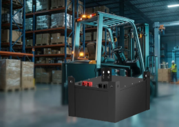 Heavy-duty electric forklift powered by Lithium iron phosphate batteries operating in a busy distribution center
