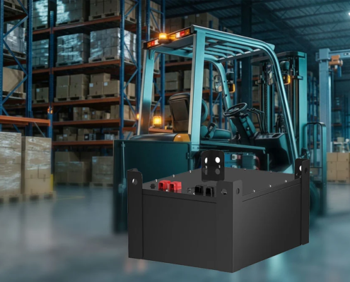 Heavy-duty electric forklift powered by Lithium iron phosphate batteries operating in a busy distribution center