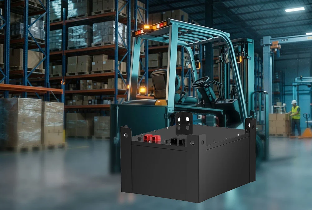 Heavy-duty electric forklift powered by Lithium iron phosphate batteries operating in a busy distribution center