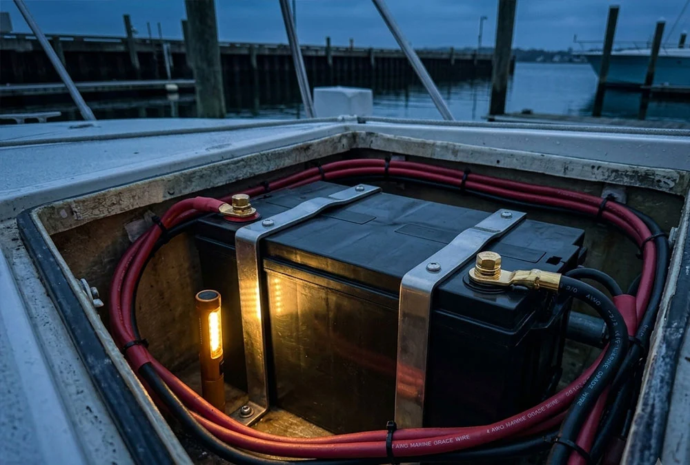 Sealed AGM deep cycle marine battery installation in a boat compartment with heavy duty terminals