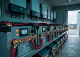 High capacity deep cycle solar storage battery system installed on an industrial rack