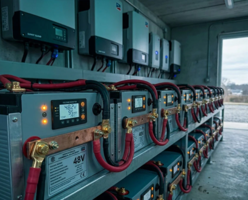 High capacity deep cycle solar storage battery system installed on an industrial rack