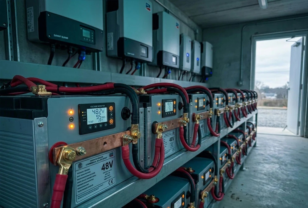 High capacity deep cycle solar storage battery system installed on an industrial rack