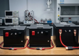 Three LiFePO4 electric tricycle battery packs in 48V, 60V, and 72V configurations side by side on a workbench