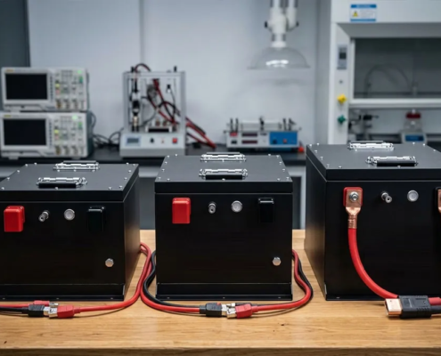 Three LiFePO4 electric tricycle battery packs in 48V, 60V, and 72V configurations side by side on a workbench