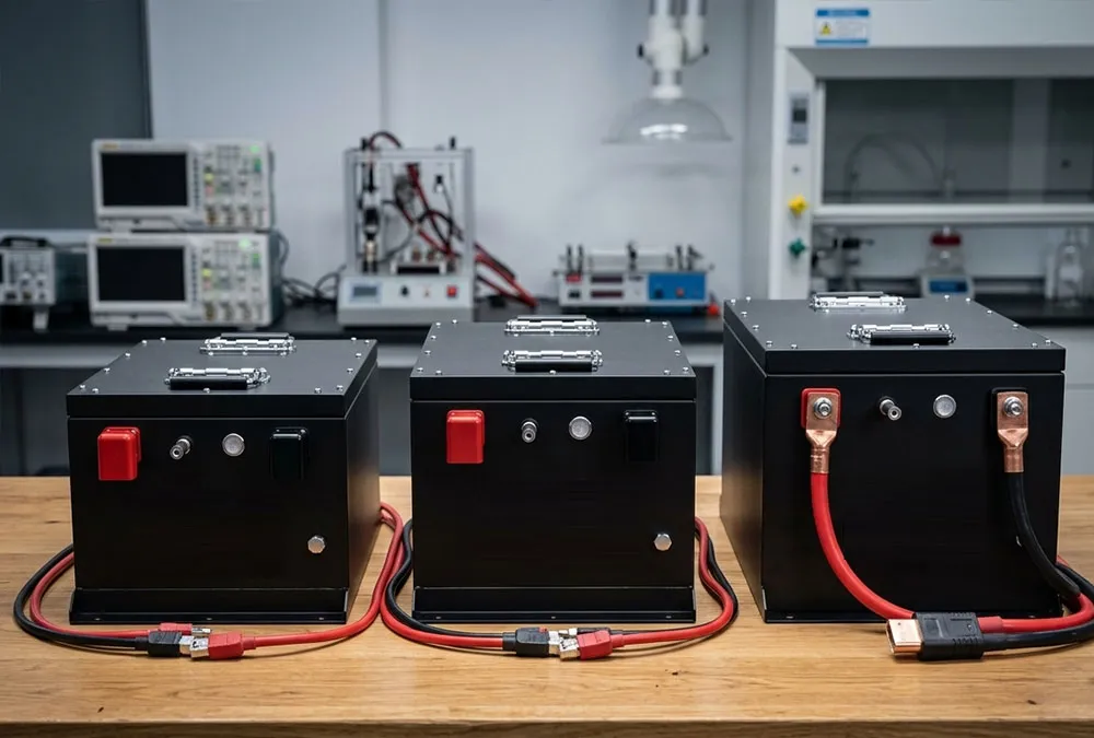 Three LiFePO4 electric tricycle battery packs in 48V, 60V, and 72V configurations side by side on a workbench