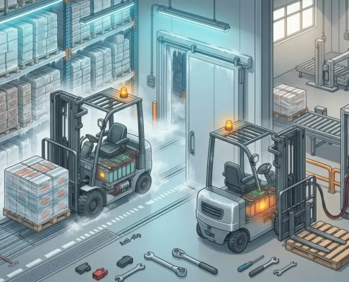 Freezer forklift lithium battery using BMS-controlled heating and opportunity charging