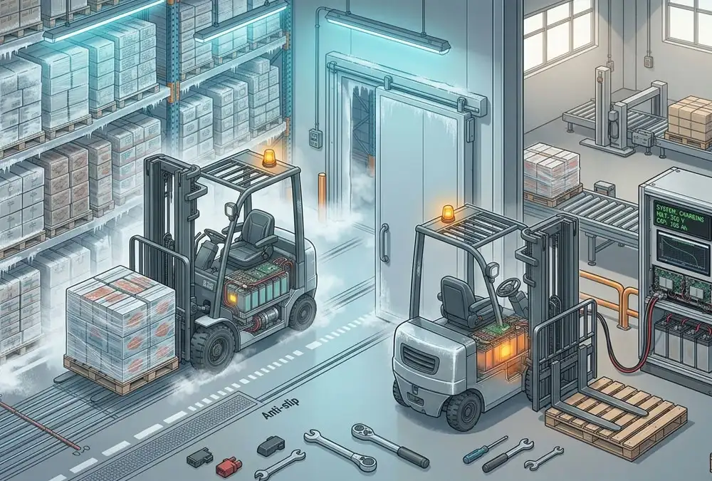 Freezer forklift lithium battery using BMS-controlled heating and opportunity charging