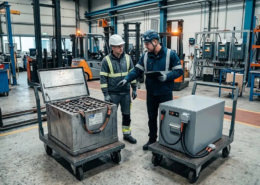 Lithium-ion and lead-acid forklift batteries compared in an industrial service bay
