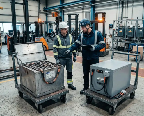 Lithium-ion and lead-acid forklift batteries compared in an industrial service bay
