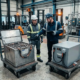 Lithium-ion and lead-acid forklift batteries compared in an industrial service bay