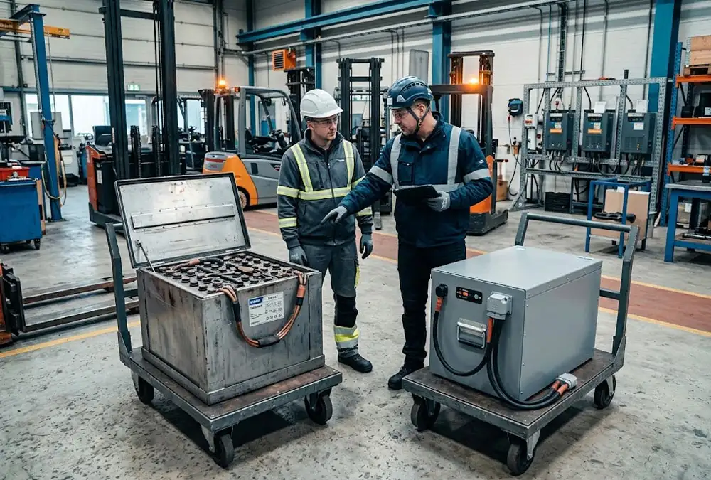 Lithium-ion and lead-acid forklift batteries compared in an industrial service bay