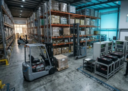 Electric forklifts operating inside a modern European warehouse with industrial battery charging systems