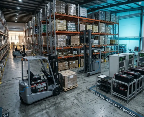 Electric forklifts operating inside a modern European warehouse with industrial battery charging systems