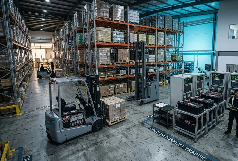 Electric forklifts operating inside a modern European warehouse with industrial battery charging systems