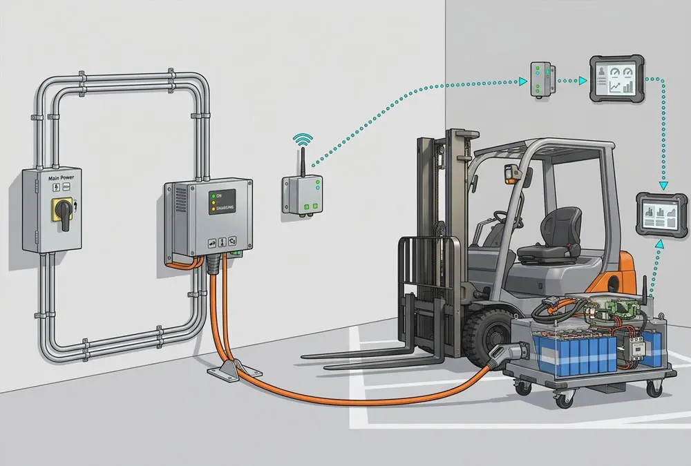 Isometric system linking a forklift battery, charger, facility power and fleet telemetry