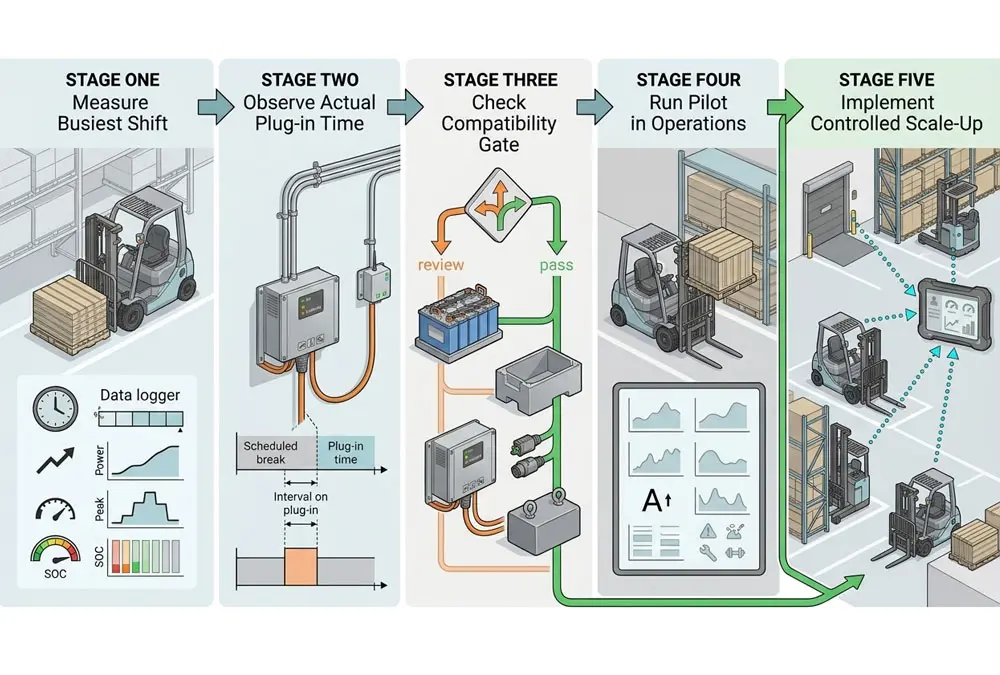 Isometric decision path from peak-duty measurement to a validated lithium forklift fleet rollout