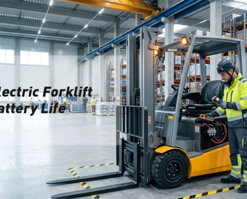 Technician diagnosing electric forklift battery life and runtime loss