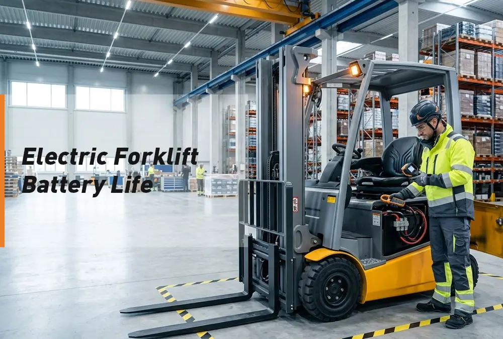 Technician diagnosing electric forklift battery life and runtime loss