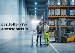 Procurement manager evaluating an electric forklift and industrial battery options in a warehouse