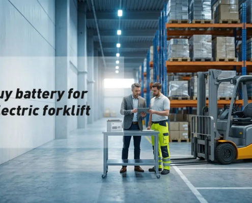Procurement manager evaluating an electric forklift and industrial battery options in a warehouse