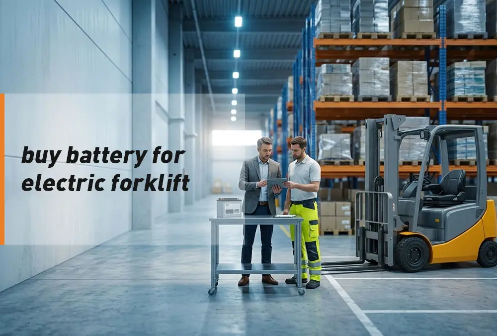 Procurement manager evaluating an electric forklift and industrial battery options in a warehouse