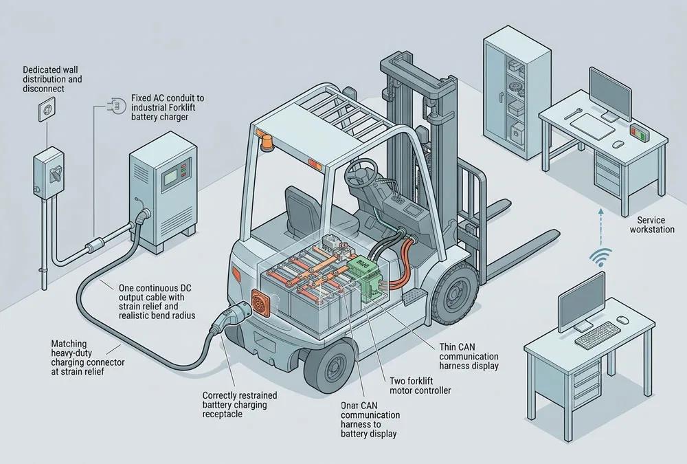 Isometric forklift battery system showing pack, BMS, charger, truck controller and service diagnostics