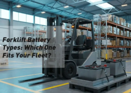 Forklift battery types displayed beside an electric warehouse forklift