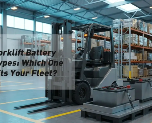 Forklift battery types displayed beside an electric warehouse forklift