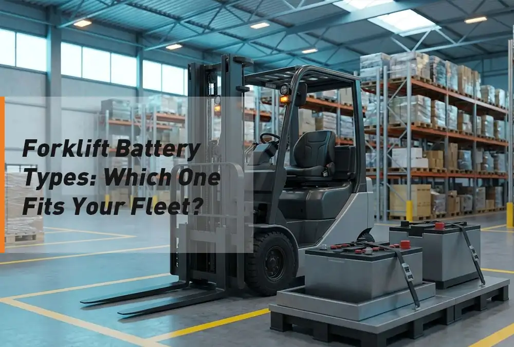 Forklift battery types displayed beside an electric warehouse forklift