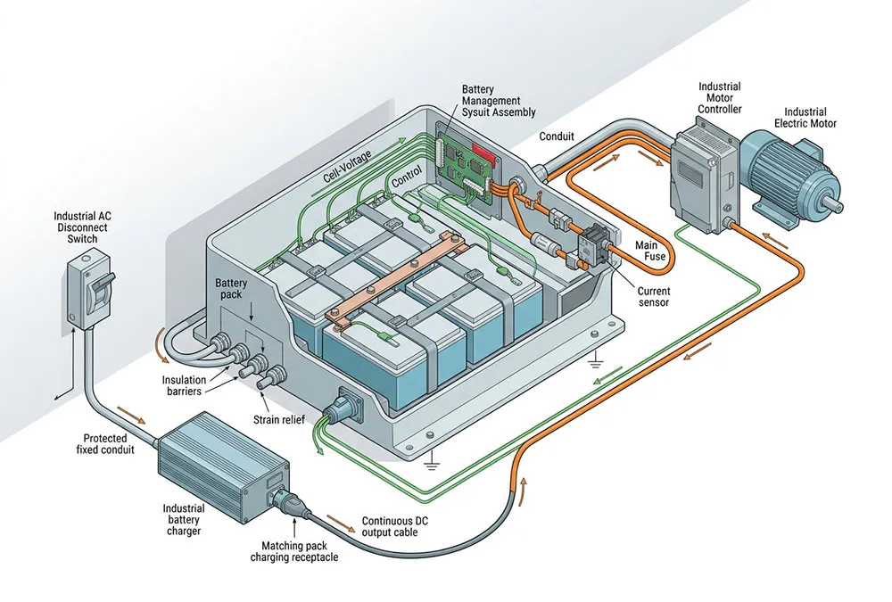Isometric battery system linking cell modules, BMS, protection devices, charger and industrial motor controller.