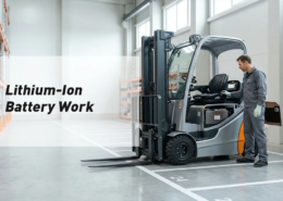 Technician inspecting an enclosed lithium-ion battery installed in an electric forklift.
